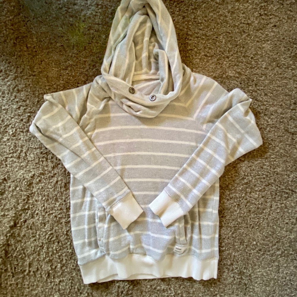 Grey and White Striped Funnel Neck Hoodie Small